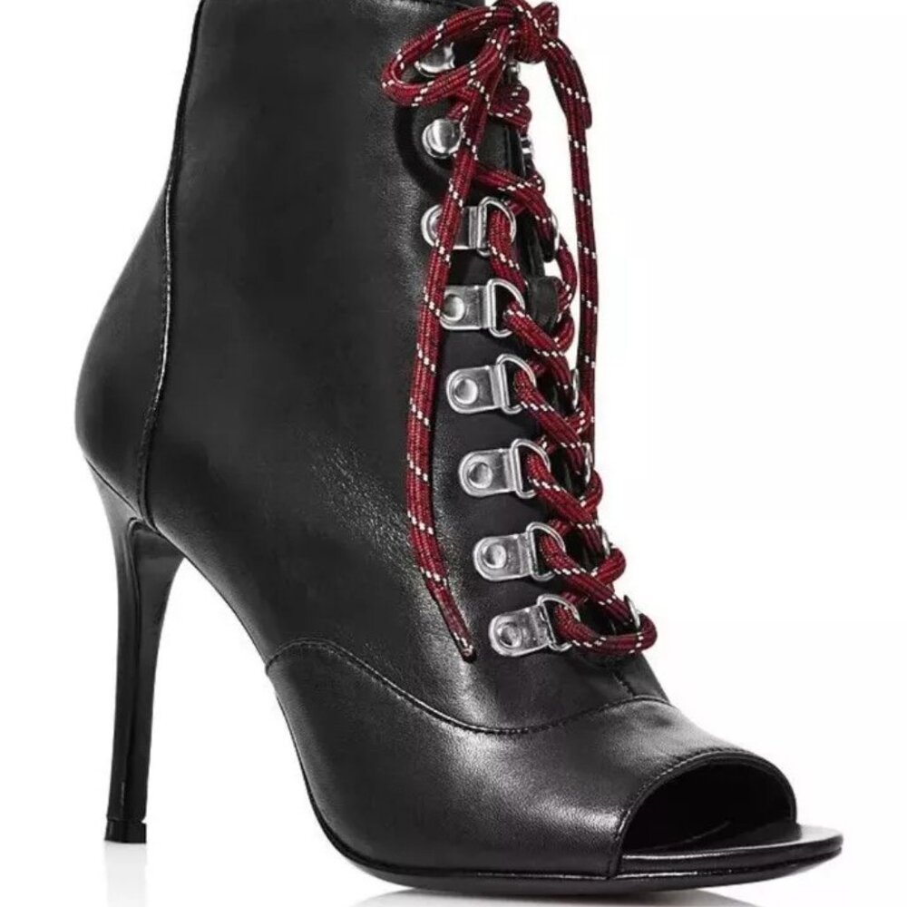 NEW CHARLES DAVID ‘Charley’ Black Leather Red Lace-Up Peep-Toe Bootie Size 8